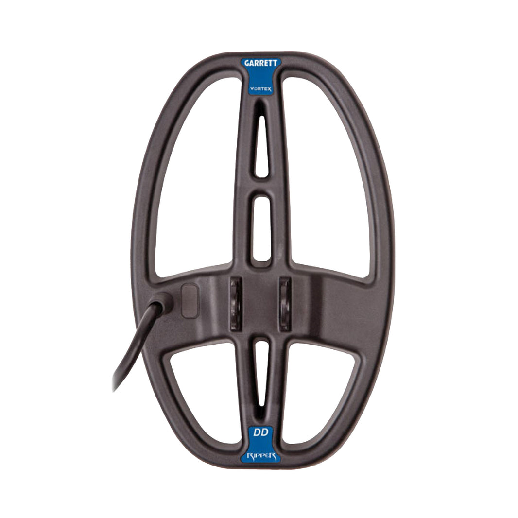 Overhead view of the Garrett Vortex Ripper metal detector search coil featuring a waterproof cable and blue Garrett branding, set against a white background