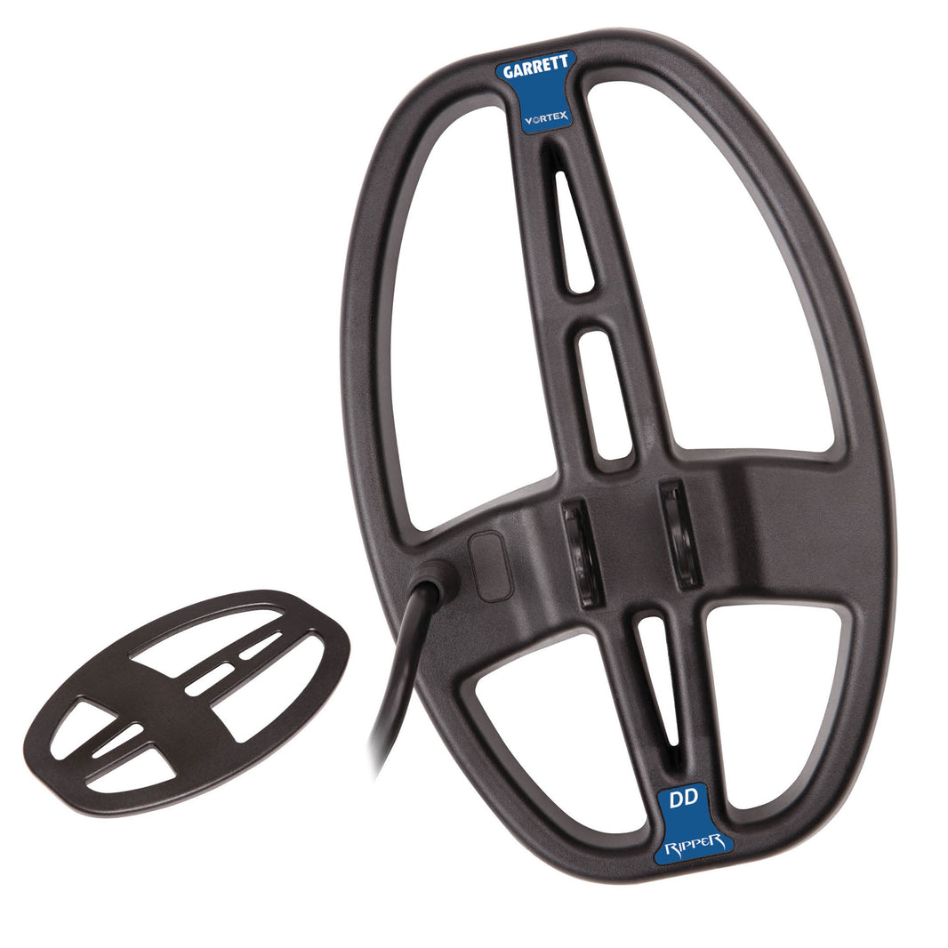 Metal detector coil with Garrett branding on a white background, with an inset of the included black protective skidplate