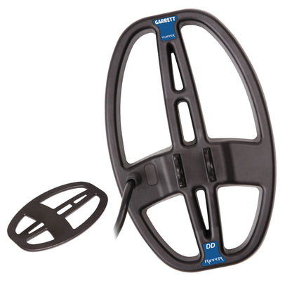 Metal detector coil with Garrett branding on a white background, with an inset of the included black protective skidplate