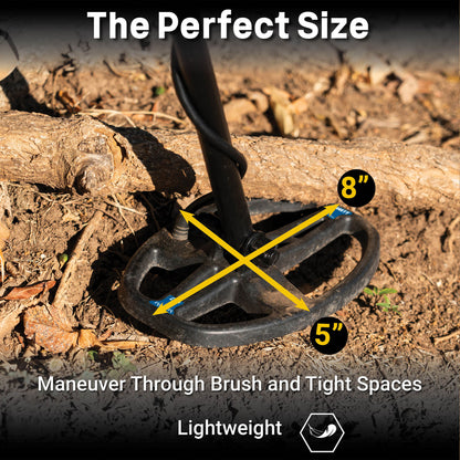 Closeup of a metal detector coil on a natural dirt background with added words showing the 8" x 5" dimensions. 