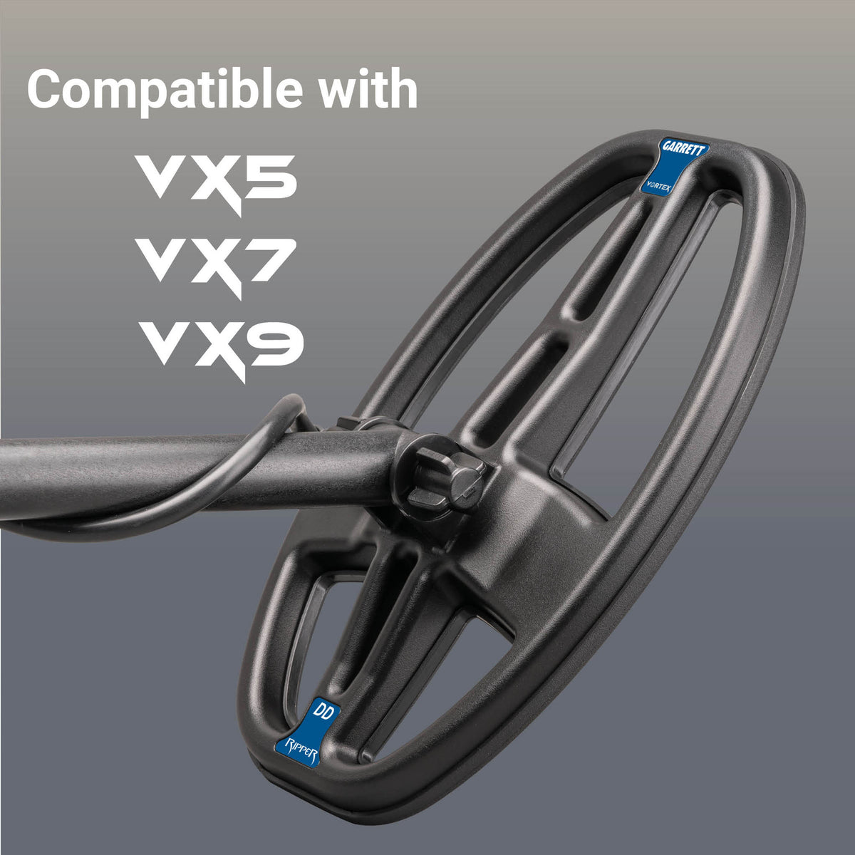 Black metal detecting coil with compatibility text for VX5, VX7, and VX9 models on a dark gray background.