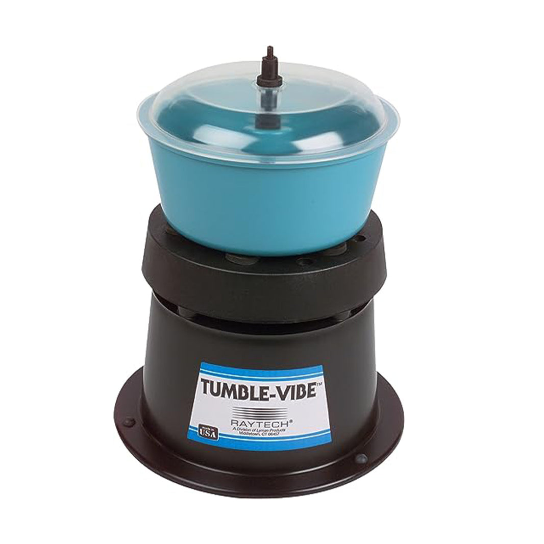 Raytech TV-5 Tumble-Vibe vibratory tumbler with blue ABS bowl, clear lid and black motorized base, made in USA label