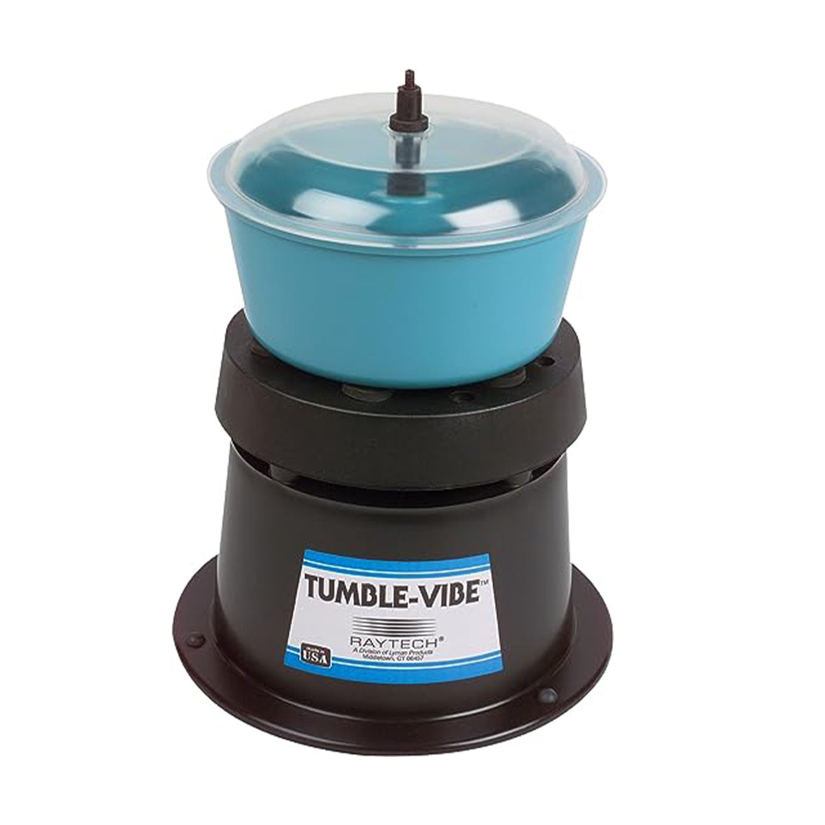 Raytech TV-5 Tumble-Vibe vibratory tumbler with blue ABS bowl, clear lid and black motorized base, made in USA label