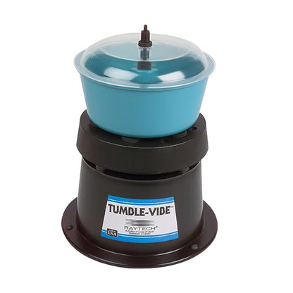 Raytech TV-5 Tumble-Vibe vibratory tumbler with blue ABS bowl, clear lid and black motorized base, made in USA label
