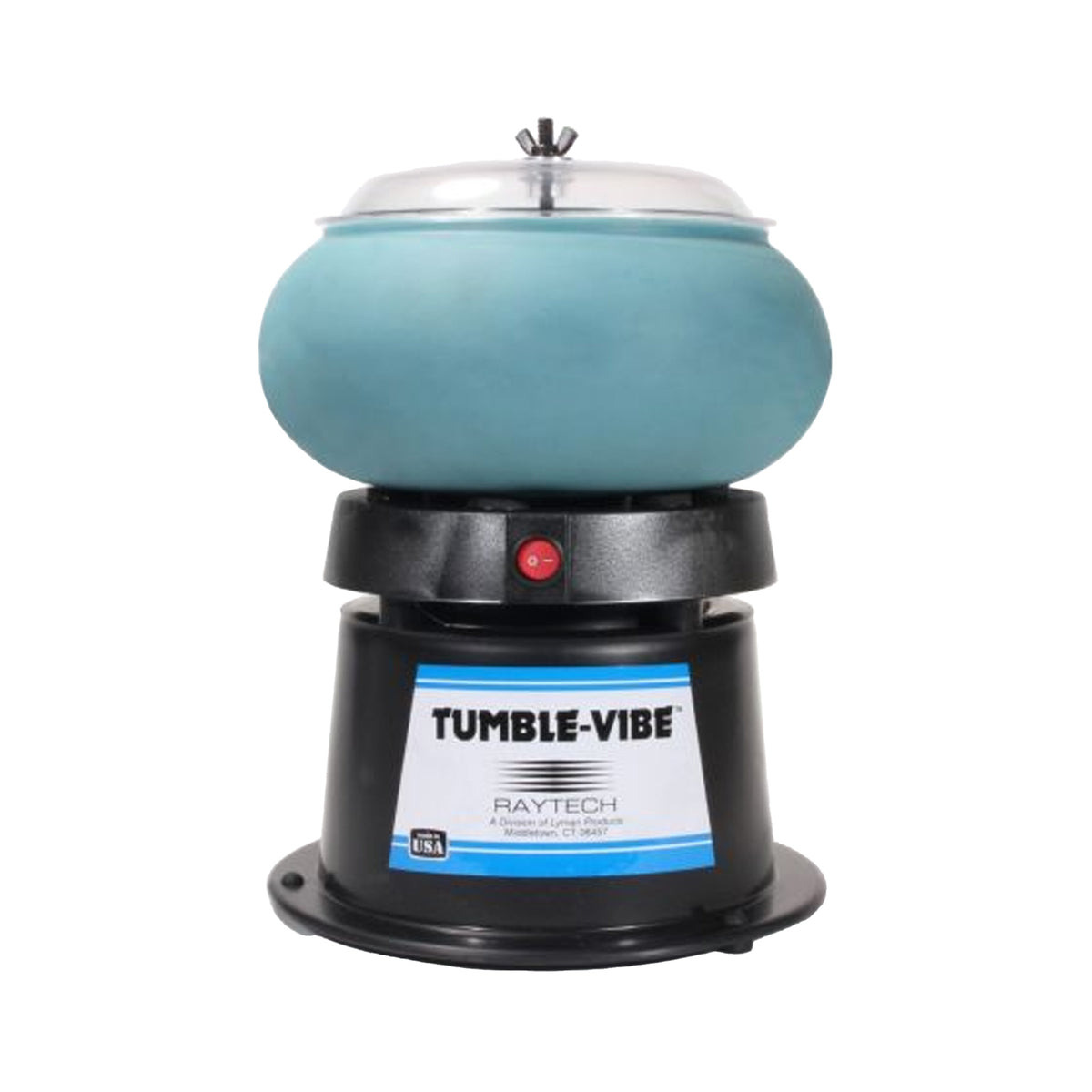A Raytech Tumble-Vibe ceramic tumbling machine with a light blue-green bowl on a black base, featuring a clear lid and a front label.