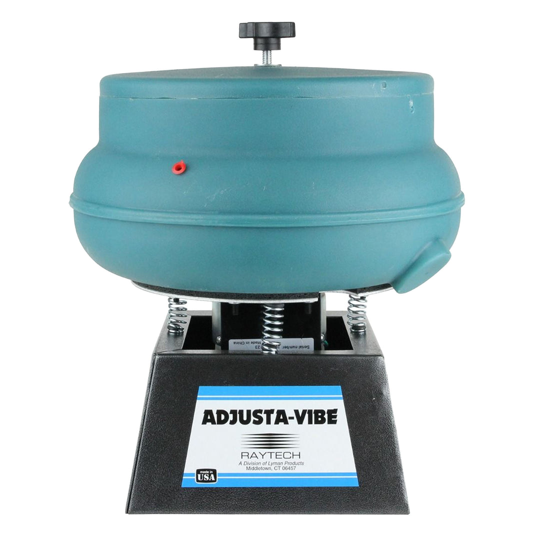 Raytech AV-25 vibratory tumbler with teal 14 inch bowl and drain on spring-mounted black base