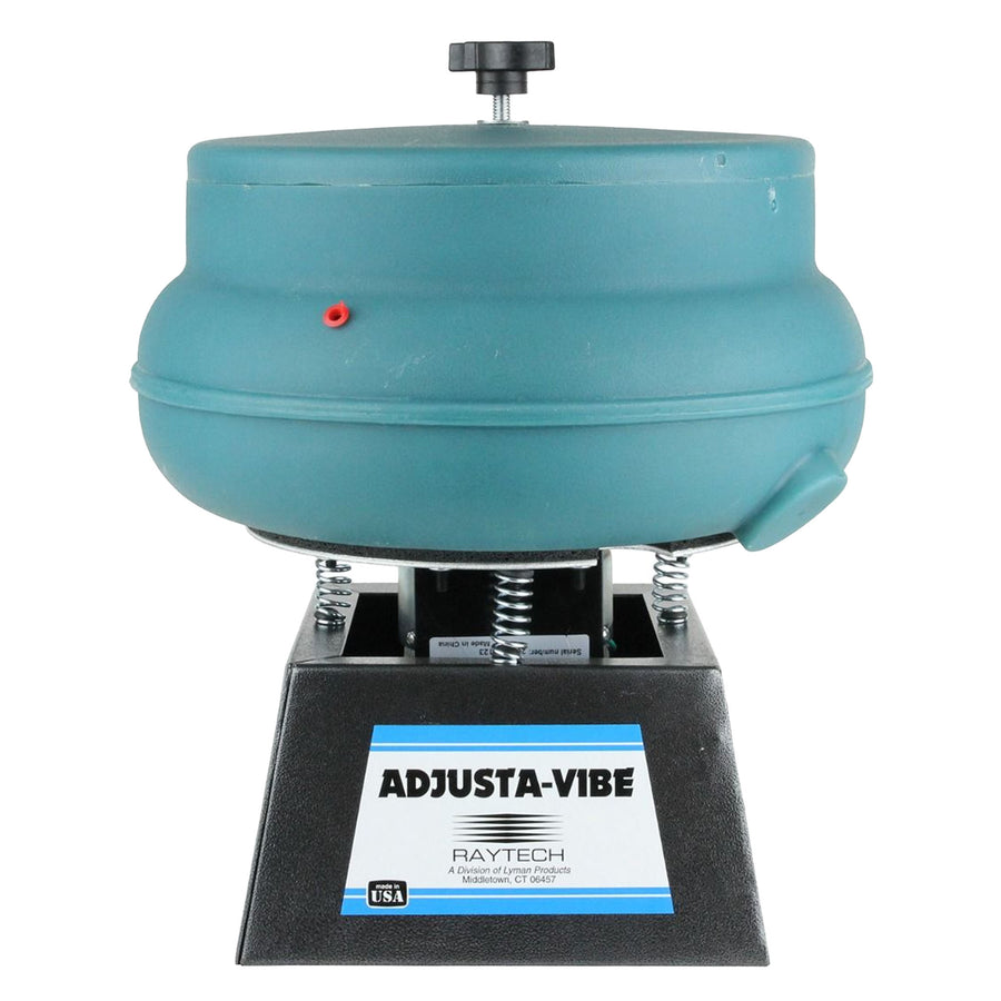 Raytech AV-25 vibratory tumbler with teal 14 inch bowl and drain on spring-mounted black base