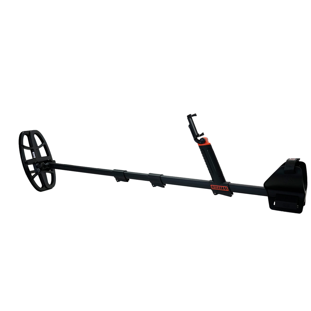 A black metal detector with a coil, long handle, and carrying case, shown on a plain white background. The brand name 'GUEST' is visible in orange on the handle and near the base of the coil.