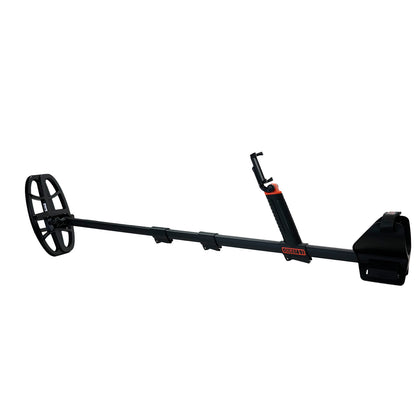 A black metal detector with a coil, long handle, and carrying case, shown on a plain white background. The brand name 'GUEST' is visible in orange on the handle and near the base of the coil.