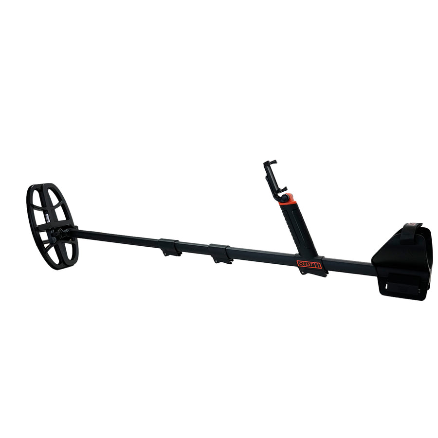 A black metal detector with a coil, long handle, and carrying case, shown on a plain white background. The brand name 'GUEST' is visible in orange on the handle and near the base of the coil.