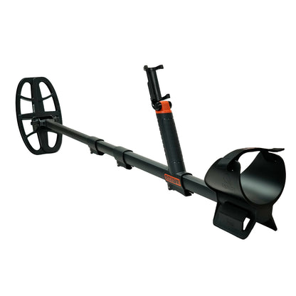 A black metal detector with a coil, adjustable handle, and mounting smartphone bracket, shown on a solid white background.