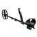 A black metal detector with a coil, adjustable handle, and mounting smartphone bracket, shown on a solid white background.