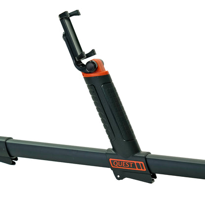 A close-up of a black and orange Quest mount with a phone holder attachment, shown on a white background.