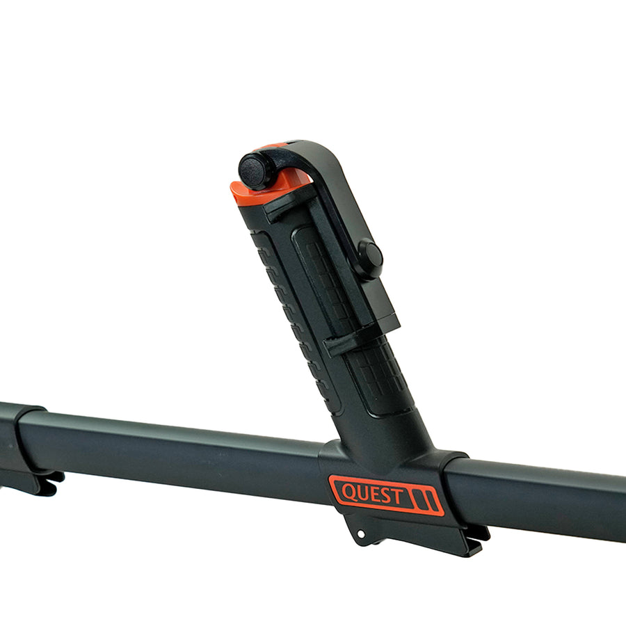 Close-up of a black and orange Quest metal detector handle with smart phone mount against a white background.