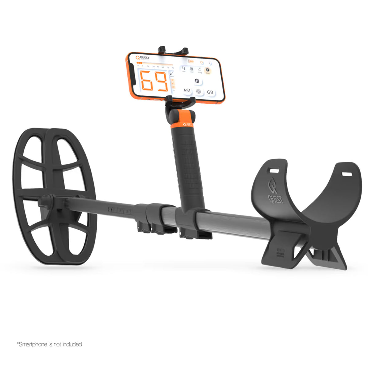 A metal detector with a large black coil, a gray and black handle, and an attached display screen showing orange numbers. 