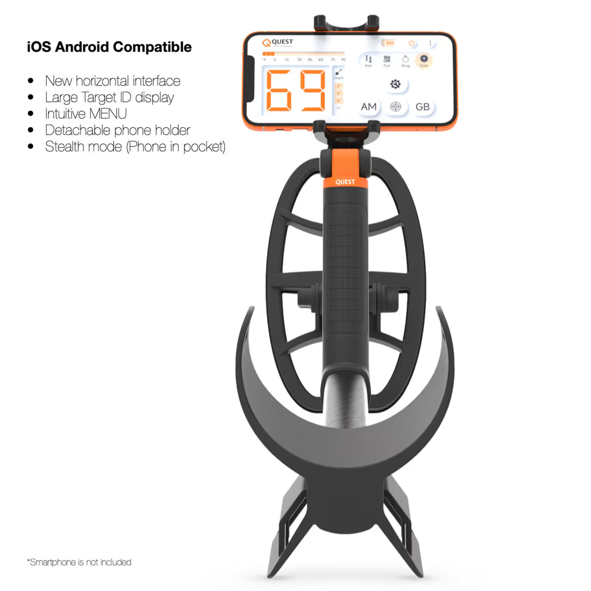 A black and gray metal detector with a built-in smartphone display and detachable phone holder, shown on a white background with feature text on the left.