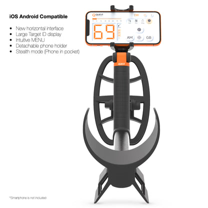 A black and gray metal detector with a built-in smartphone display and detachable phone holder, shown on a white background with feature text on the left.