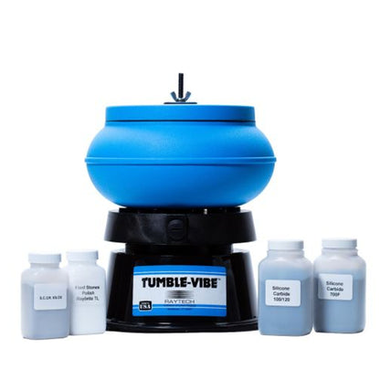 The Raytech Tumble-Vibe 10 rock polisher with blue 10-inch bowl, noise-reducing lid, and four bottles of polishing grit