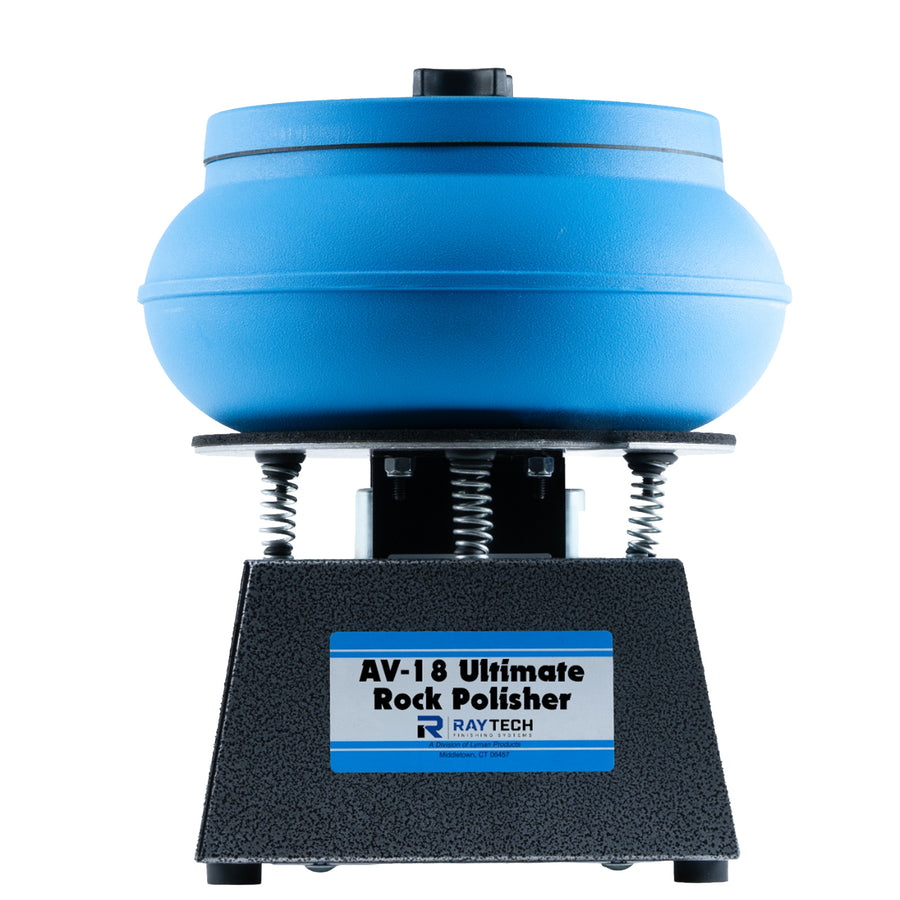 Raytech AV-18 Ultimate Rock Polisher with a blue rotating head and a black textured base featuring a blue and white brand label.
