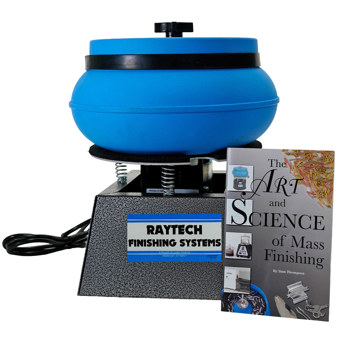 A Raytech  finisher machine with a blue rotating bowl and a textured gray base, shown alongside a book titled 'The Art and Science of Mass Finishing' by Sam Thompson on a white background.