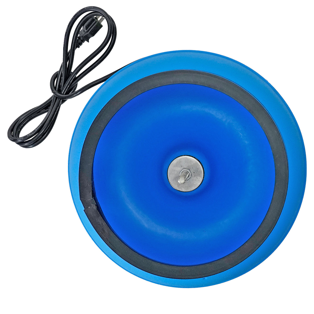 A blue tumbling bowl and an attached black power cord, shown on a plain white background.