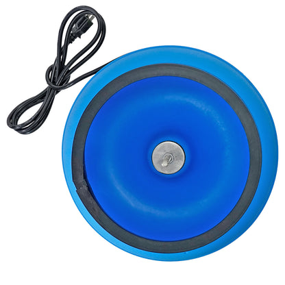 A blue tumbling bowl and an attached black power cord, shown on a plain white background.