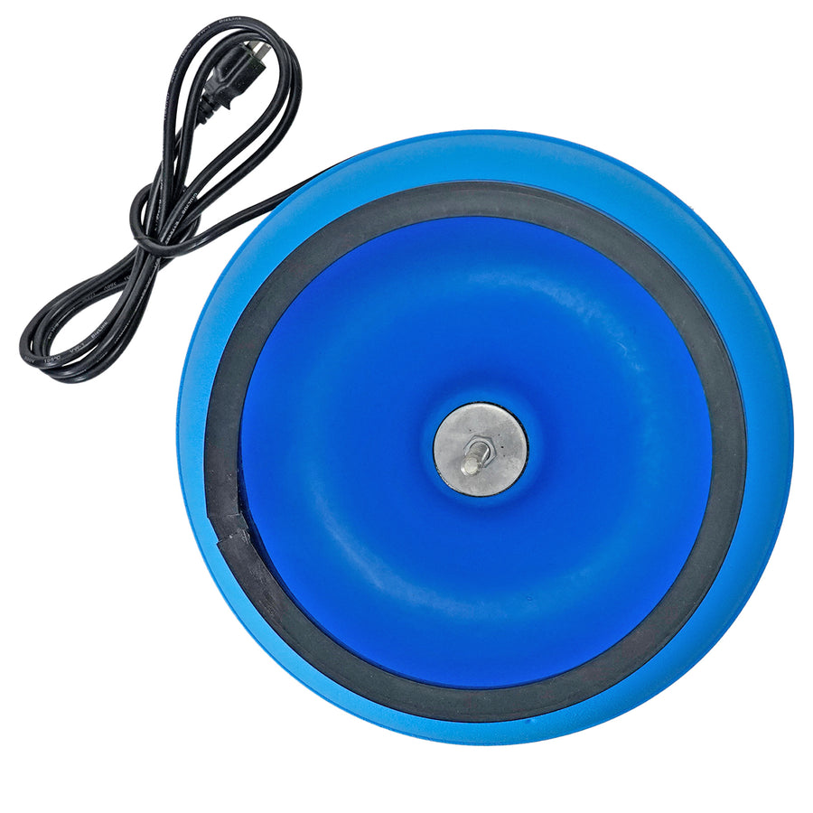 A blue tumbling bowl and an attached black power cord, shown on a plain white background.