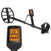 A Quest X10 iDmaxX metal detector with a black coil, black wand, and black handle, featuring bright orange display screens on both the wand controller and the separate close-up control module. The product is shown against a solid white background.
