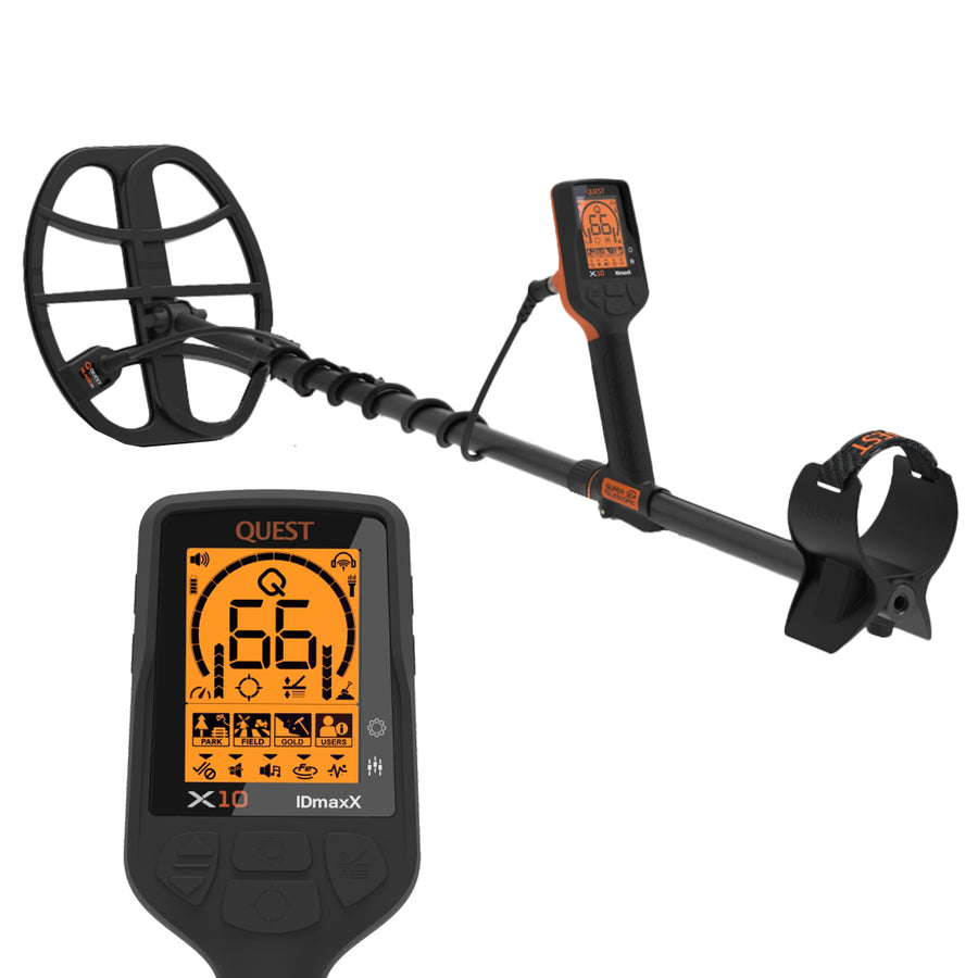 A Quest X10 iDmaxX metal detector with a black coil, black wand, and black handle, featuring bright orange display screens on both the wand controller and the separate close-up control module. The product is shown against a solid white background.