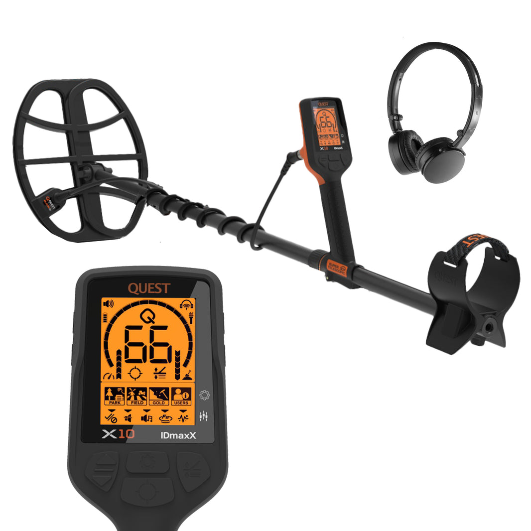 Quest X10 iDmaxX metal detector set with a black coil, Control Box headphones on a white background.