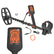 A Quest X5 IDmaxX metal detector with a black coil, black handle, and bright orange display accents, shown with its control unit, mounting clip, cables, and small hardware on a white background.