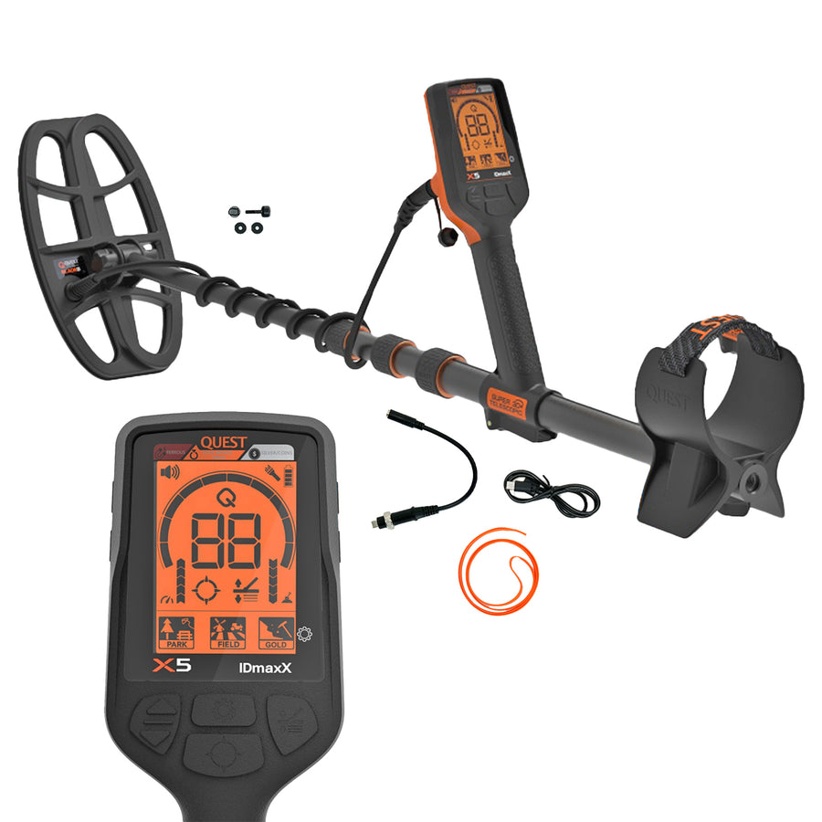 A Quest X5 IDmaxX metal detector with a black coil, black handle, and bright orange display accents, shown with its control unit, mounting clip, cables, and small hardware on a white background.