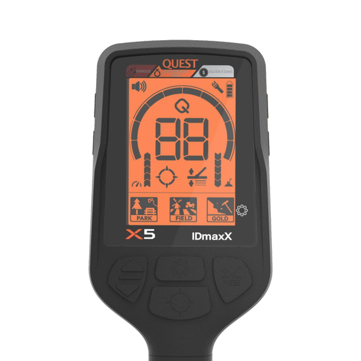 A black control box with an orange backlit display screen, featuring the brand name QUEST and model IDmaxX X5, shown against a plain white background.