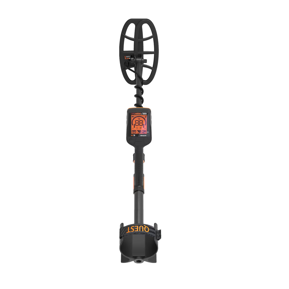 A Quest metal detector with a black coil, black handle, and a digital display screen showing orange and red graphics, isolated on a white background.