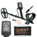 A Quest X1 metal detector set with a black and orange handheld detector, a coil, a strap, a small trowel, mounting hardware, a carrying bag, and a second close-up view of the detector screen, all arranged on a white background.