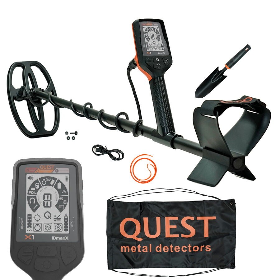 A Quest X1 metal detector set with a black and orange handheld detector, a coil, a strap, a small trowel, mounting hardware, a carrying bag, and a second close-up view of the detector screen, all arranged on a white background.