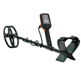 A black metal detector with a coil shown on a plain white background.