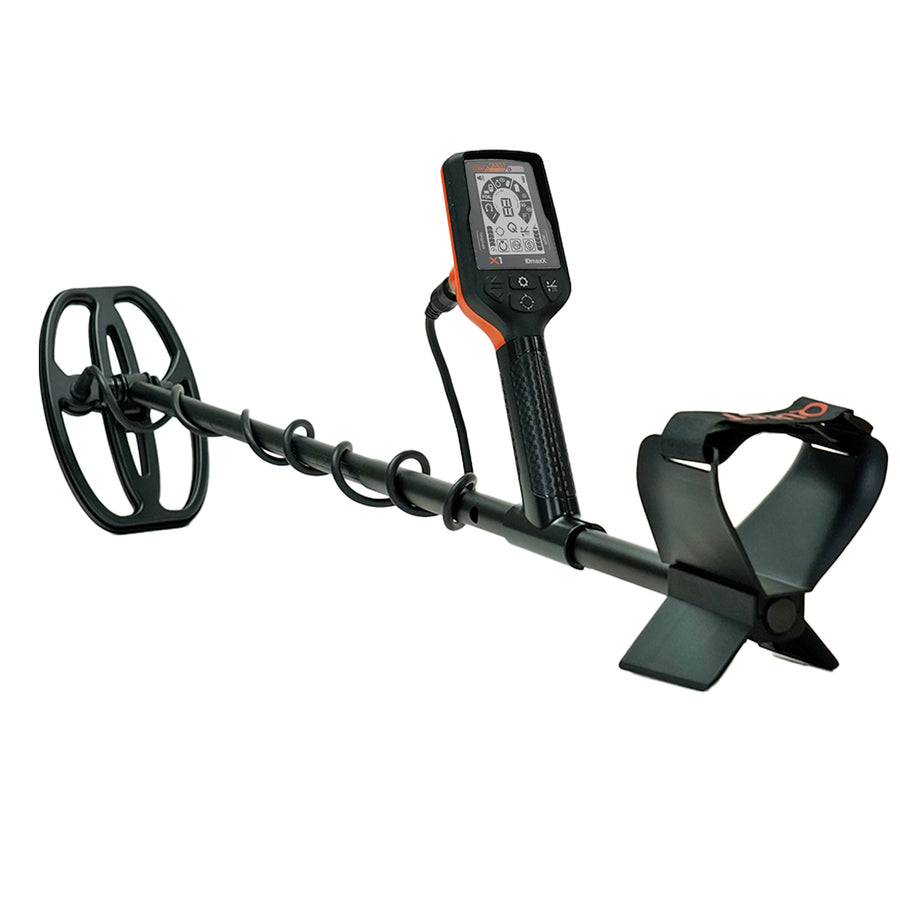 A black metal detector with a coil shown on a plain white background.