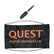 A black drawstring pouch branded 'QUEST metal detectors' in orange text, shown with a small black hand trowel above it on a plain white background.