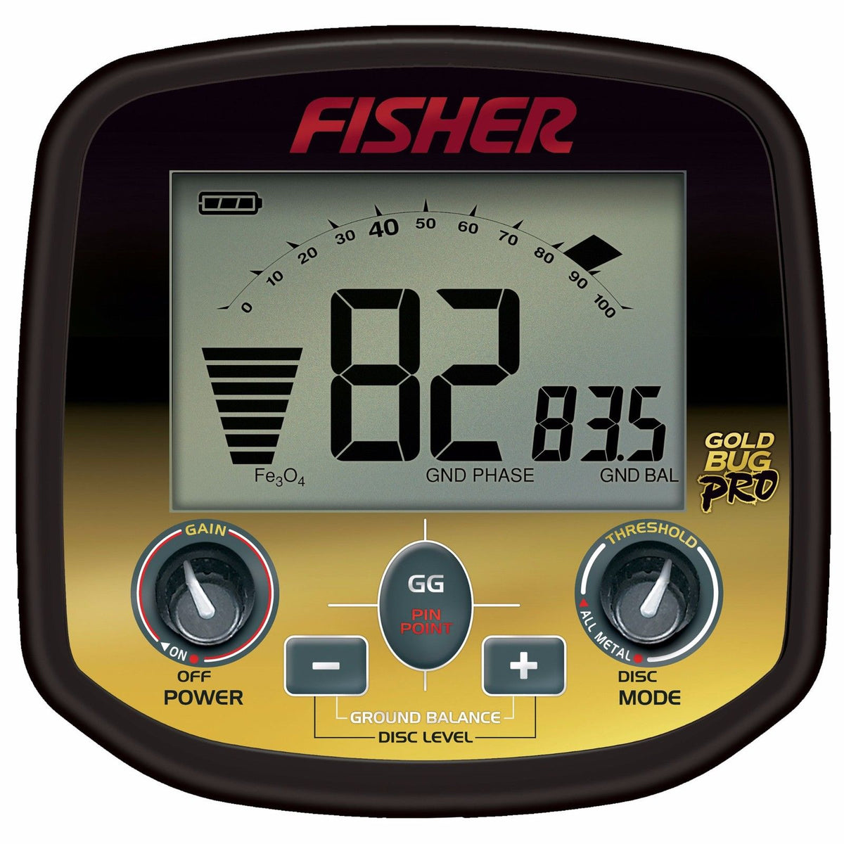 A close up of the Fisher Gold Bug Pro metal detector's control pod shows the screen and buttons. 