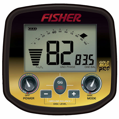 A close up of the Fisher Gold Bug Pro metal detector's control pod shows the screen and buttons. 