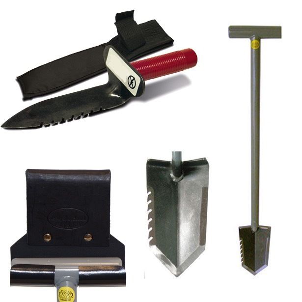 Lesche Sampson Pro-Series digging bundle with T-handle shovel, left serrated hand digger, Cordura sheath, and ReadyShovel holster on white background