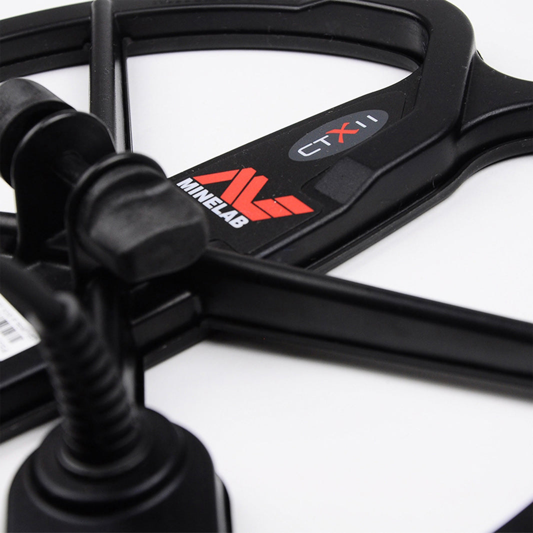 Close-up of the Minelab CTX 3030 11 inch coil mounting clamp and CTX 11  with the Red Minelab Logo