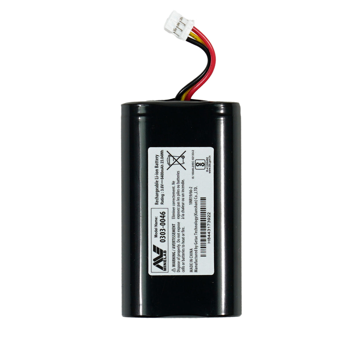 Minelab Manticore Li-ion battery with factory label showing 3.7V rating