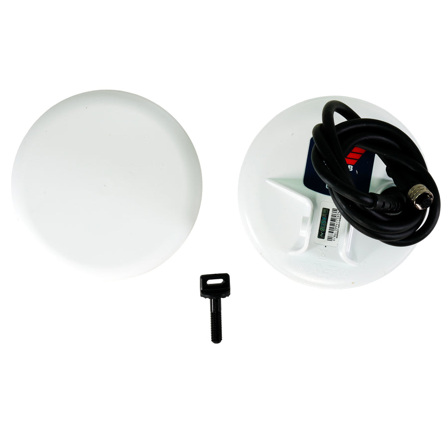 Minelab GM05 5 in coil with coil cover, cable and mounting bolt laid out