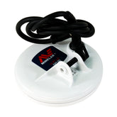 Minelab GM05 5 in round DD coil with coiled black cable and connector, underside view