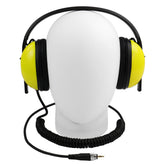 Head on view of the yellow and black Minelab Waterproof Headphones for Equinox & Manticore, shown on a white wig stand