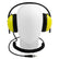 Head on view of the yellow and black Minelab Waterproof Headphones for Equinox & Manticore, shown on a white wig stand