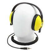 Front view of the yellow and black Minelab Waterproof Headphones for Equinox & Manticore, shown on a white wig stand