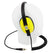 Side view of the yellow and black Minelab Waterproof Headphones for Equinox & Manticore, shown on a white wig stand